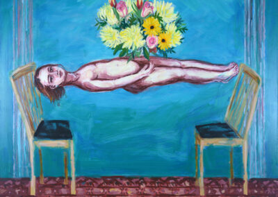 Debbie Lee, Magic and Hysteria, Levitation with Flowers, oil on canvas, 91cm x 122cm, 2021
