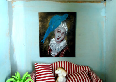 The Blue Parrot Room, oil on metal, 10x8cm